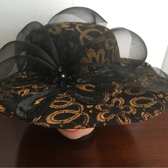 Dramatic Black and Gold Wide-Brimmed Hat- by Mr Hi’s rhinestones, sequins. - Picture 2 of 9